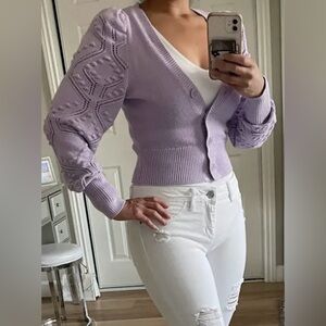 Express Cardigan Sweater Cotton V-Neck popcorn long sleeves in lavender Size XS